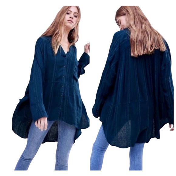 Free People Blue Striped Cozy Nights Oversized Button Up Long Sleeve Tunic Shirt - Picture 1 of 10